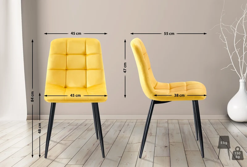 Lot de 4 chaises de salle à manger coutures forme carrées en tissu velours jaune pieds en métal noir 10_0001796