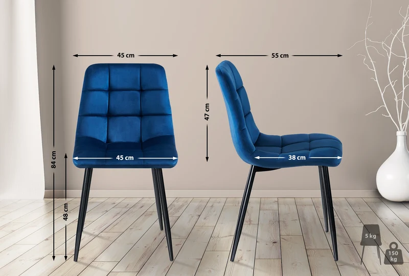 Lot de 4 chaises de salle à manger coutures forme carrées en tissu velours bleu foncé pieds en métal noir 10_0001795