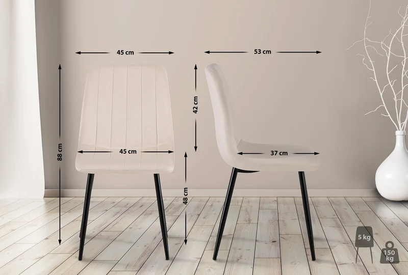Lot de 4 chaises de salle à manger coutures décoratives verticales en tissu velours crème et pieds métal noir 10_0001868