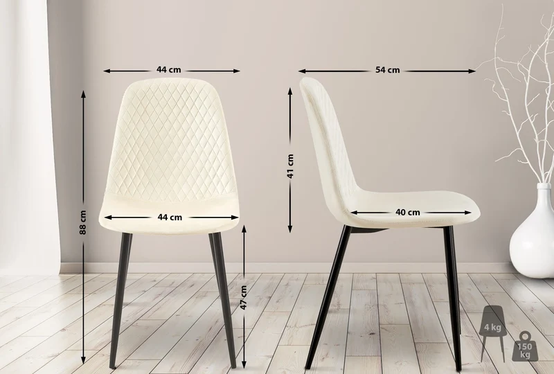 Lot de 4 chaises de salle à manger coutures décoratives losanges avec pieds en métal noir et assise en velours crème 10_0001882