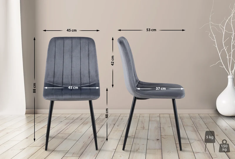 Lot de 4 chaises de salle à manger coutures décoratives verticales en velours gris foncé et métal noir 10_0001867