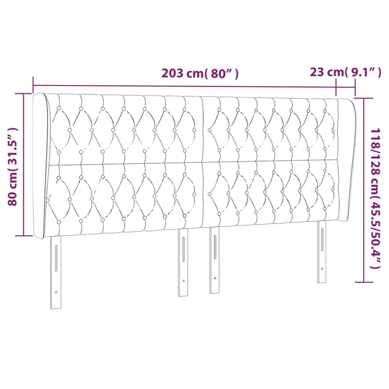 Tête de lit accessoire couchage chambre à coucher meuble avec rebord latéral 203 x 23 x 118/128 cm tissu gris foncé TDL0204933