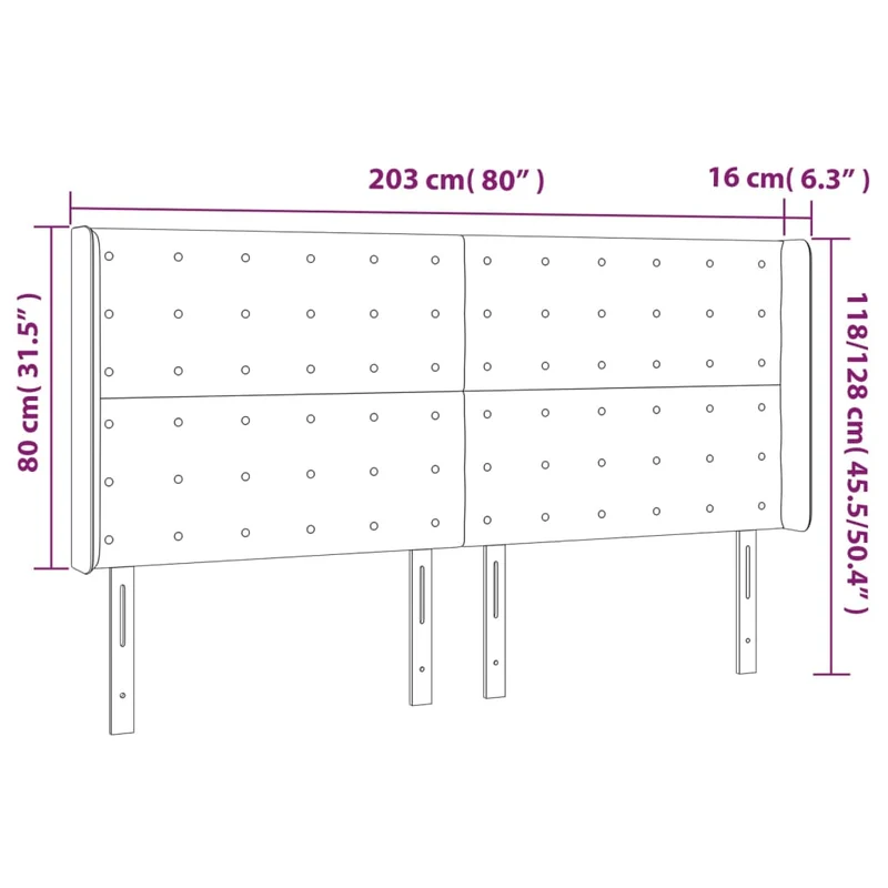 Tête de lit accessoire couchage chambre à coucher meuble capitonné avec rebord latéral 203 x 16 x 118/128 cm synthétique noir TDL0204502