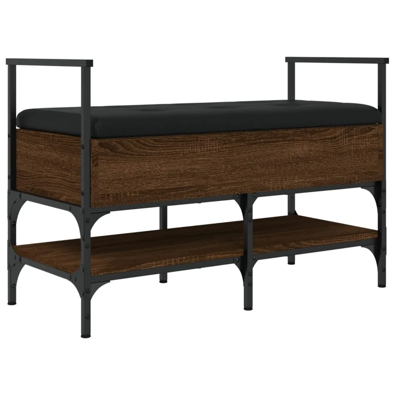 Banc de rangement à chaussures avec coussin d'assise noir 85,5 x 42 x 57,5cm bois d'ingénierie couleur chêne marron DEC024880