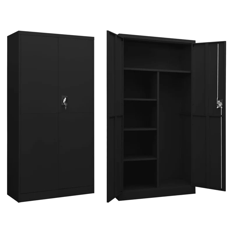 Meuble de bureau armoire de rangement avec 2 portes et 4 étagères 90 x 40 x 180 cm acier noir DEC024489