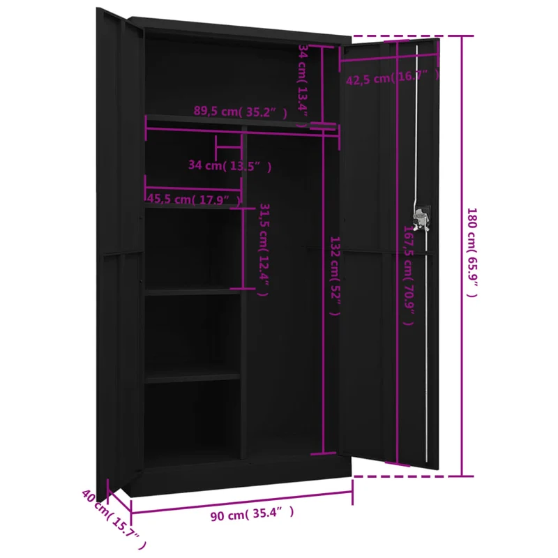 Meuble de bureau armoire de rangement avec 2 portes et 4 étagères 90 x 40 x 180 cm acier noir DEC024489