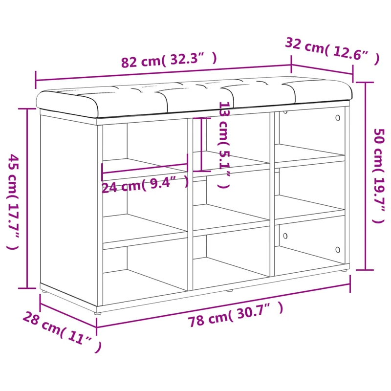 Banc de rangement à chaussures 9 compartiments 82 x 32 x 50 cm en bois d'ingénieriecouleur chêne marron DEC024877