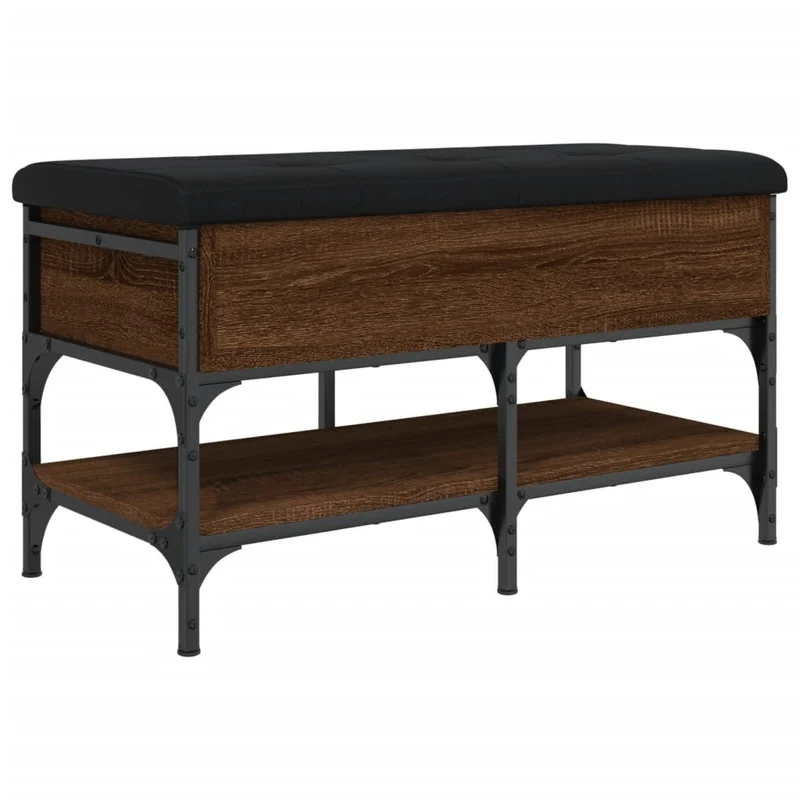 Banc de rangement à chaussures avec coussin d'assise noir 82 x 42 x 45 cm bois d'ingénierie couluer chêne marron DEC024878