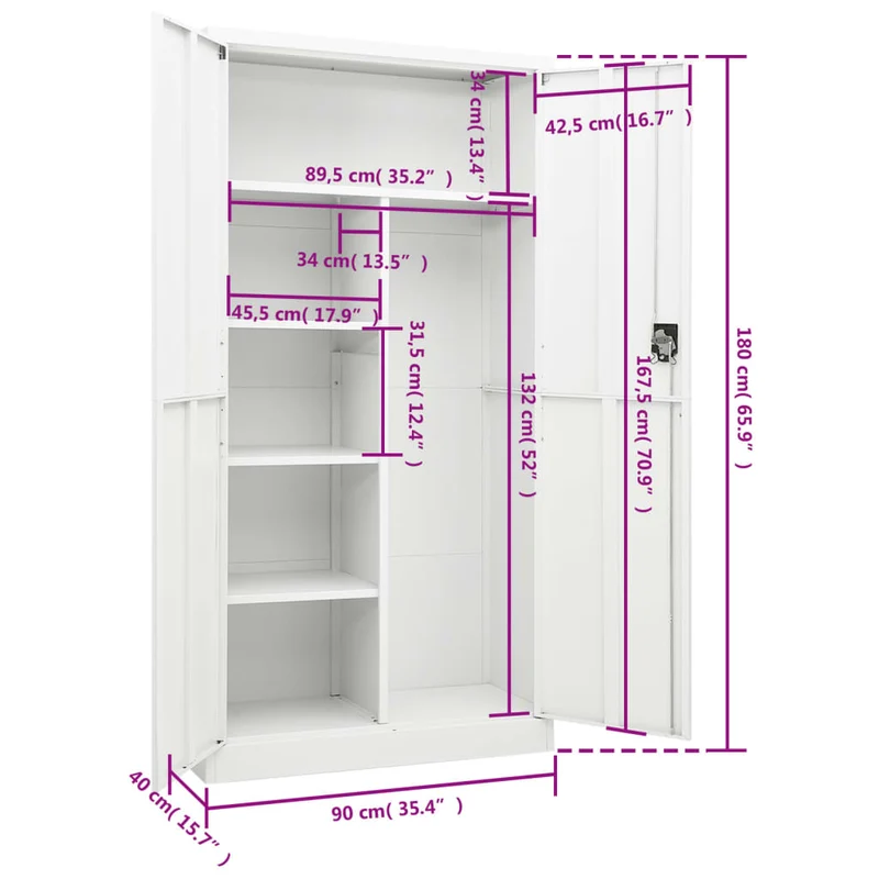 Meuble de bureau armoire de rangement avec 2 portes et 4 étagères 90 x 40 x 180 cm en acier blanc DEC024487