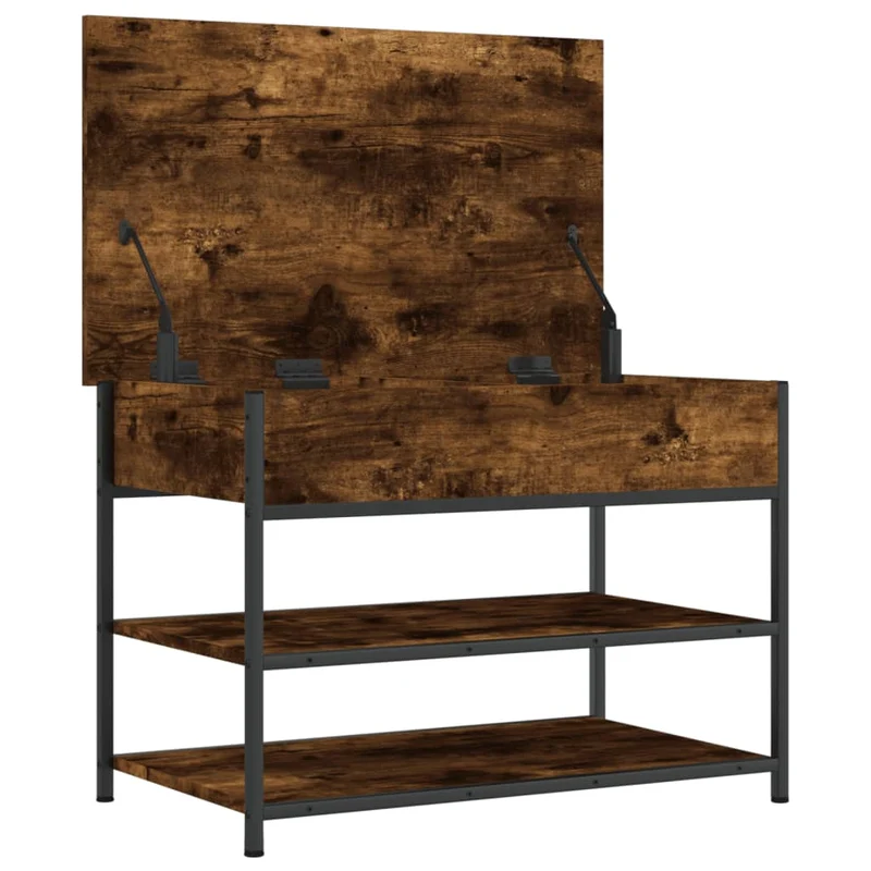 Banc de rangement à chaussures 2 niveaux et espace de rangement 70 x 42,5 x 50 cm en bois d'ingénierie couleur chêne fumé DEC024849