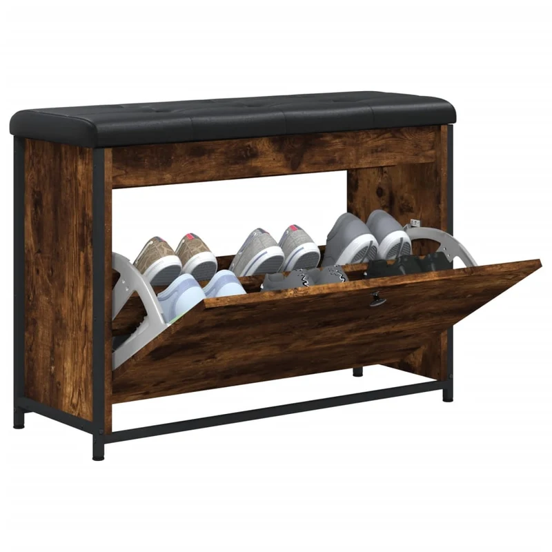 Banc de rangement à chaussures avec tiroir rabattable 82 x 32 x 56 cm bois d'ingénierie couleur chêne fumé DEC024824