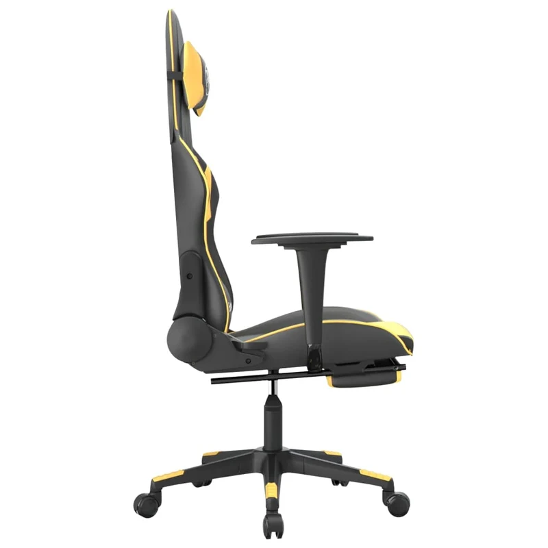 Fauteuil de bureau chaise gaming avec coussin lombaire et repose-pied en PVC doré et noir DEC025876