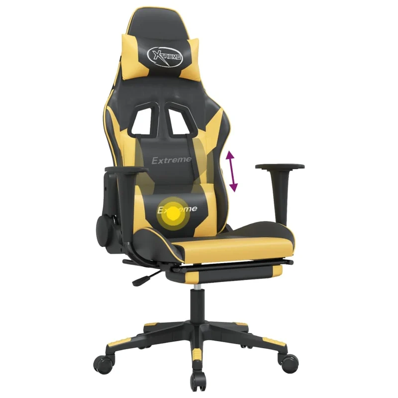 Fauteuil de bureau chaise gaming avec coussin lombaire et repose-pied en PVC doré et noir DEC025876