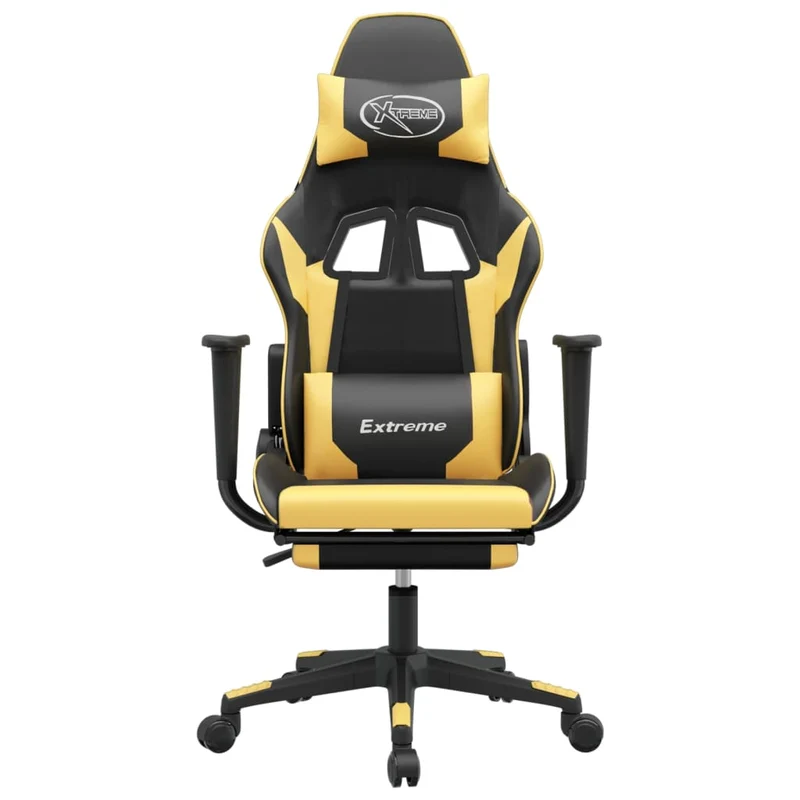 Fauteuil de bureau chaise gaming sur roulettes avec repose-pied noir et doré PVC DEC025773