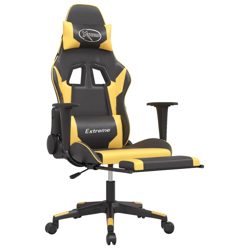 Fauteuil de bureau chaise gaming sur roulettes avec repose-pied noir et doré PVC DEC025773