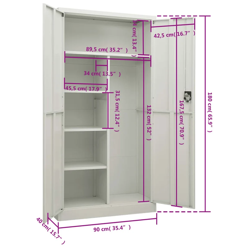 Meuble de bureau armoire de rangement avec 2 portes et 4 étagères 90 x 40 x 180 cm en acier gris DEC024488
