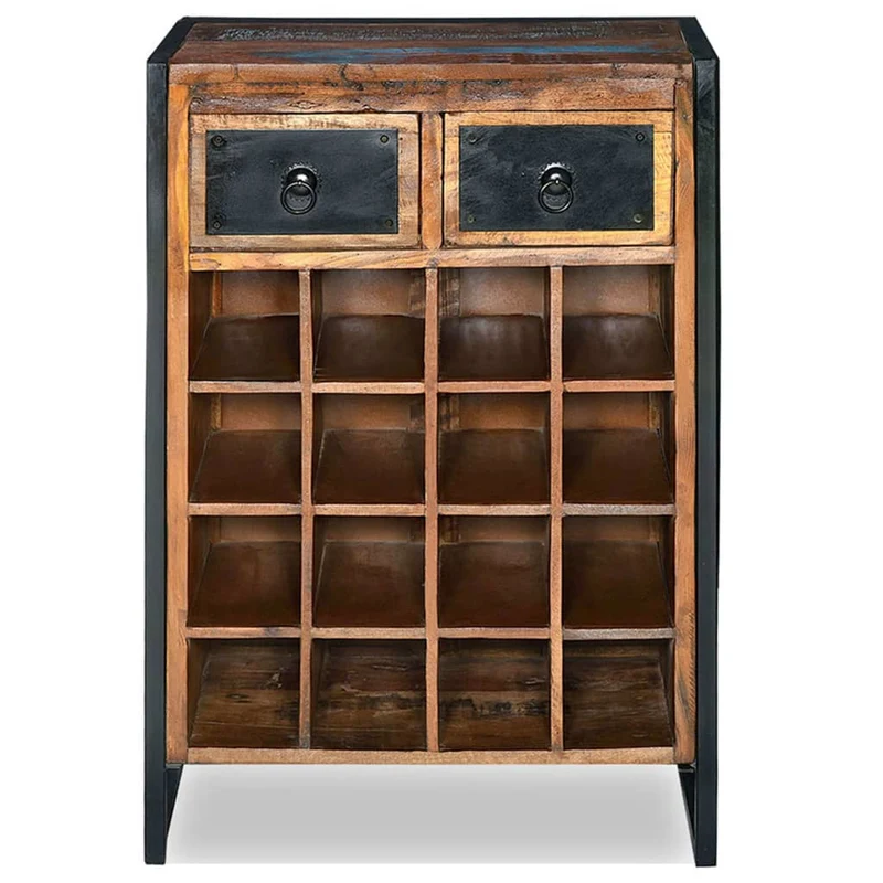 Casier range bouteilles étagère de rangement vin 16 bouteilles 2 tiroirs bois massif de récupération brun DEC024266