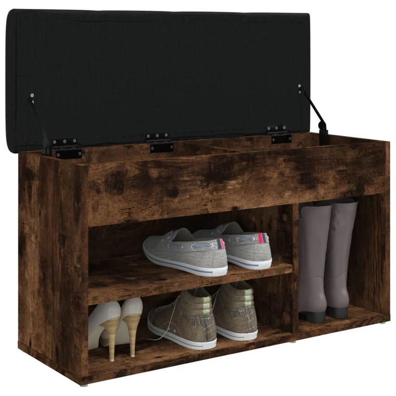 Banc de rangement à chaussures avec coussin d'assise 82 x 32 x 45,5 cm bois d'ingénierie couleur chêne fumé DEC024851