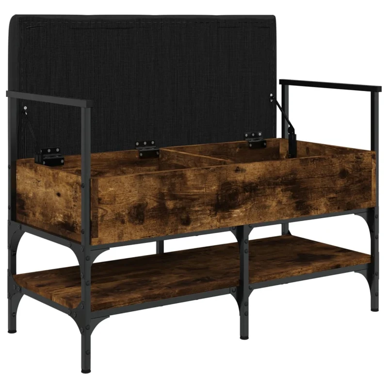 Banc de rangement à chaussures espace de rangement avec coussin d'assise noir 85,5 x 42 x 57,5 cm en bois d'ingénierie couleur chêne fumé DEC024856