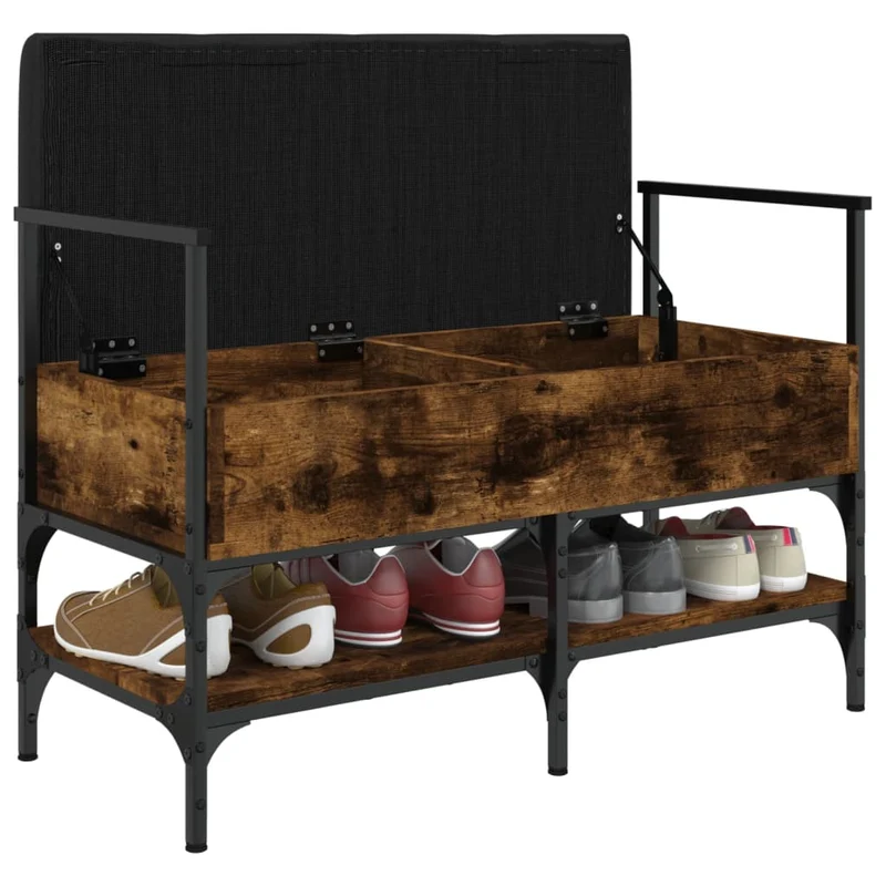 Banc de rangement à chaussures espace de rangement avec coussin d'assise noir 85,5 x 42 x 57,5 cm en bois d'ingénierie couleur chêne fumé DEC024856