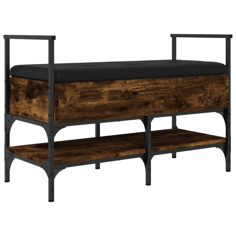 Banc de rangement à chaussures espace de rangement avec coussin d'assise noir 85,5 x 42 x 57,5 cm en bois d'ingénierie couleur chêne fumé DEC024856
