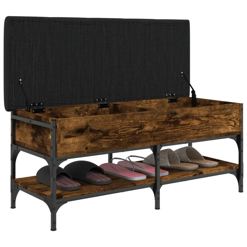 Banc de rangement à chaussures avec compartiment de rangement et coussin d'assise noir 102 x 42 x 45 cm en bois d'ingénierie couleur chêne fumé DEC024839