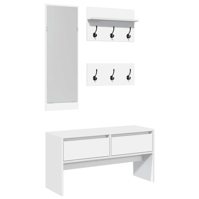 Ensemble de meubles de couloir banc avec tiroirs porte manteaux et miroir en bois d'ingénierie blanc DEC024964