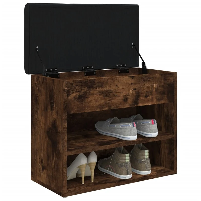 Banc de rangement à chaussures avec coussin d'assise couleur chêne fumé 62 x 32 x 50 cm bois d'ingénierie DEC024845