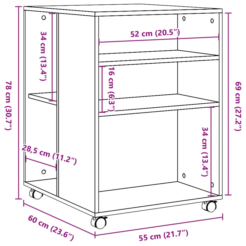 Table d'appoint sur roulettes deux étagères et espace de rangement 55 x 60 x 78 cm en bois d'ingénierie blanc DEC024612