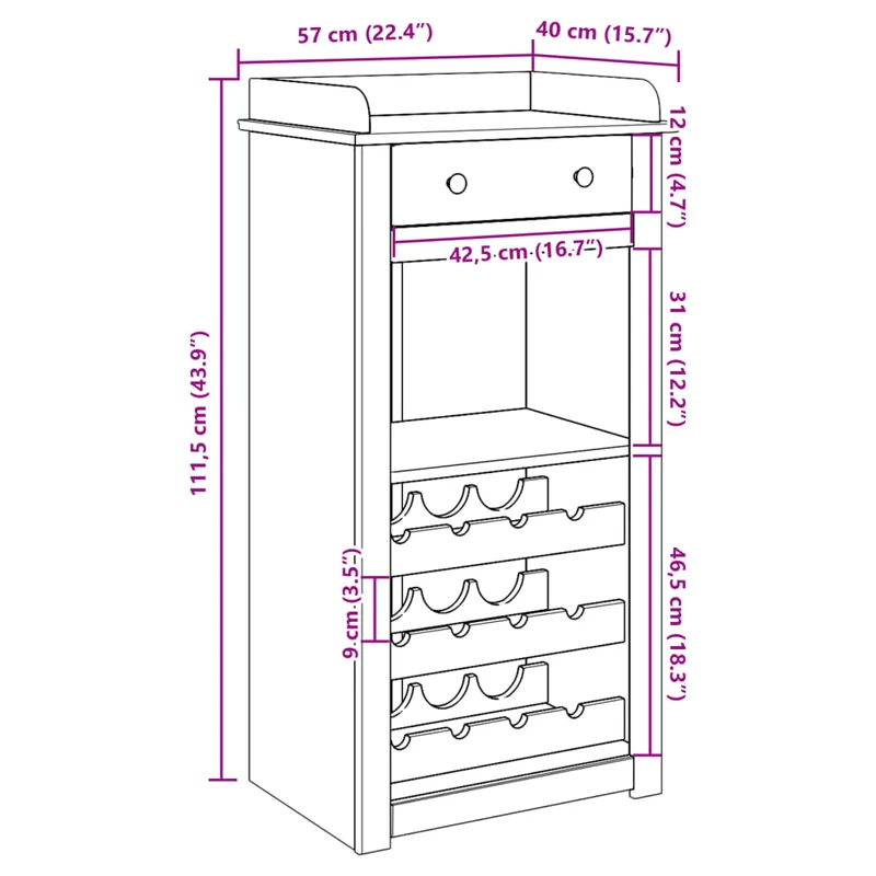 Armoire à vin jusqu'à 9 bouteilles tiroirs et espace de rangement 57 x 40 x 111,5 cm bois de pin brun DEC024440