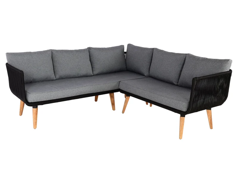 Salon de jardin canapé et table cadre en bois d'acacia et acier coussins gris foncé corde en maille 04_0008319