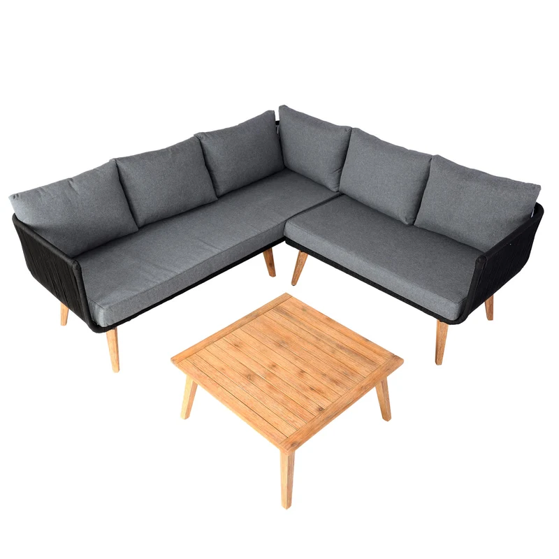 Salon de jardin canapé et table cadre en bois d'acacia et acier coussins gris foncé corde en maille 04_0008319