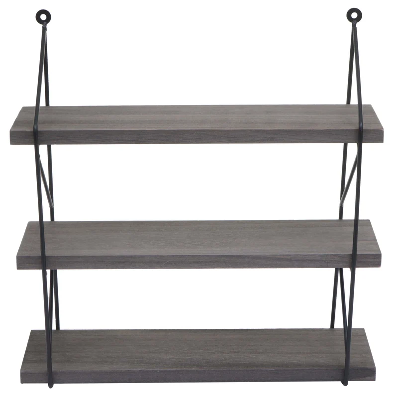 Étagère murale suspendue 3 niveaux design inustriel en métal et bois gris foncé 40 x 40 x 13 cm 04_0008677