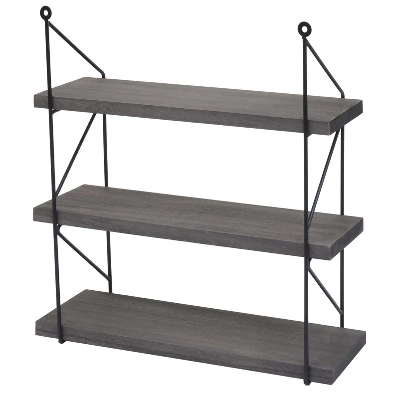 Étagère murale suspendue 3 niveaux design inustriel en métal et bois gris foncé 40 x 40 x 13 cm 04_0008677