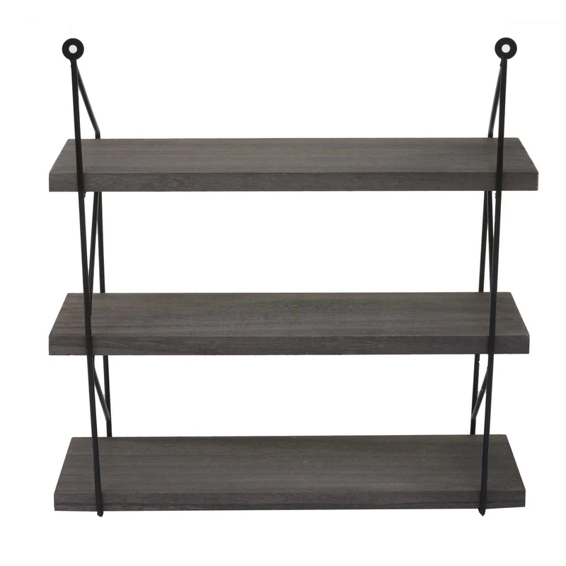 Étagère murale suspendue 3 niveaux design inustriel en métal et bois gris foncé 40 x 40 x 13 cm 04_0008677