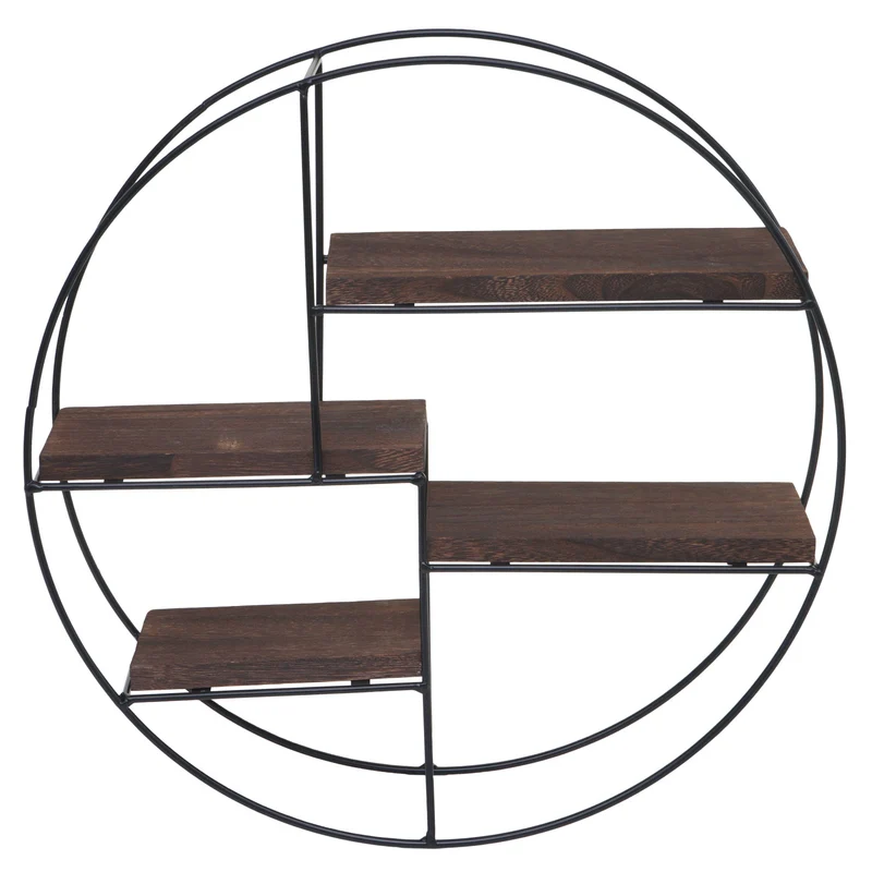 Étagère murale suspendue 4 niveaux en métal et bois marron foncé design industriel forme ronde 45 x 45 x 11 cm 04_0008662