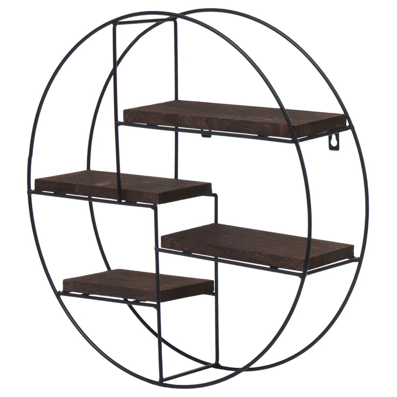Étagère murale suspendue 4 niveaux en métal et bois marron foncé design industriel forme ronde 45 x 45 x 11 cm 04_0008662