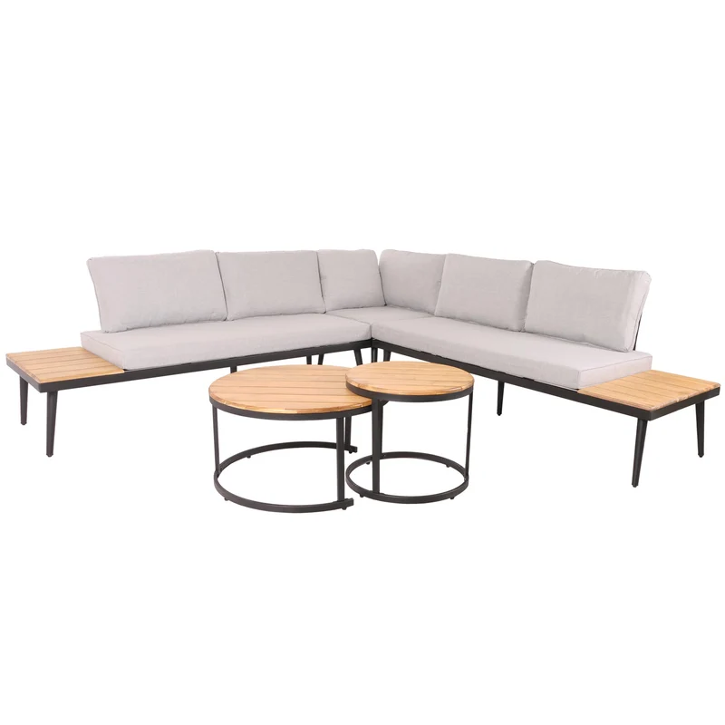 Salon de jardin avec deux tables d'appoint en bois d'acacia marron pieds acier coussins clair coussins gris clair 04_0008305