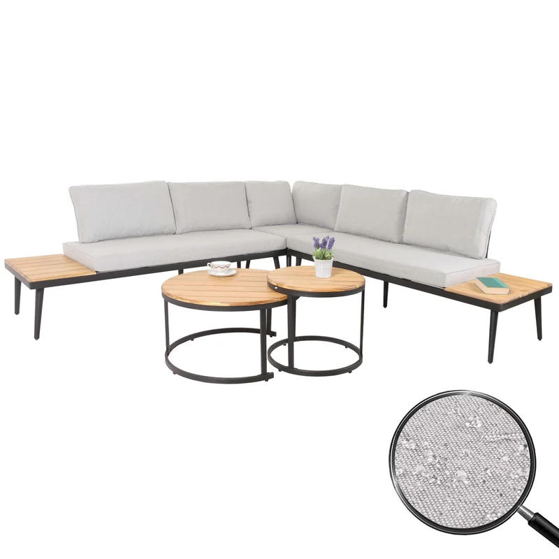Salon de jardin avec deux tables d'appoint en bois d'acacia marron pieds acier coussins clair coussins gris clair 04_0008305