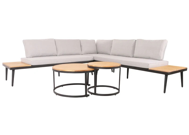 Salon de jardin avec deux tables d'appoint en bois d'acacia marron pieds acier coussins clair coussins gris clair 04_0008305
