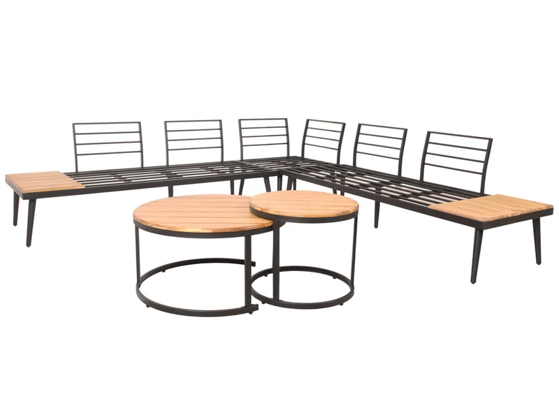Salon de jardin avec deux tables d'appoint en bois d'acacia marron pieds acier coussins clair coussins gris clair 04_0008305