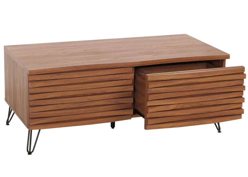 Table basse table de salon design incurvé 2 tiroirs en bois manguier et métal 46x110x55 cm aspect noyer 04_0008457