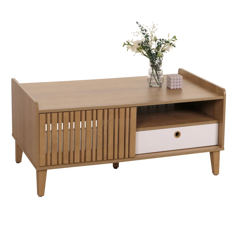 Table basse 2 compartiments de rangement et 1 tiroir en bois de manguier 52x114x59 cm tiroir blanc 04_0008454