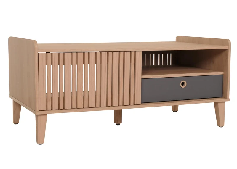 Table basse avec 2 compartiments de rangement et 1 tiroir en bois de manguier 52 x 114 x 59 cm beige tiroir gris 04_0008455