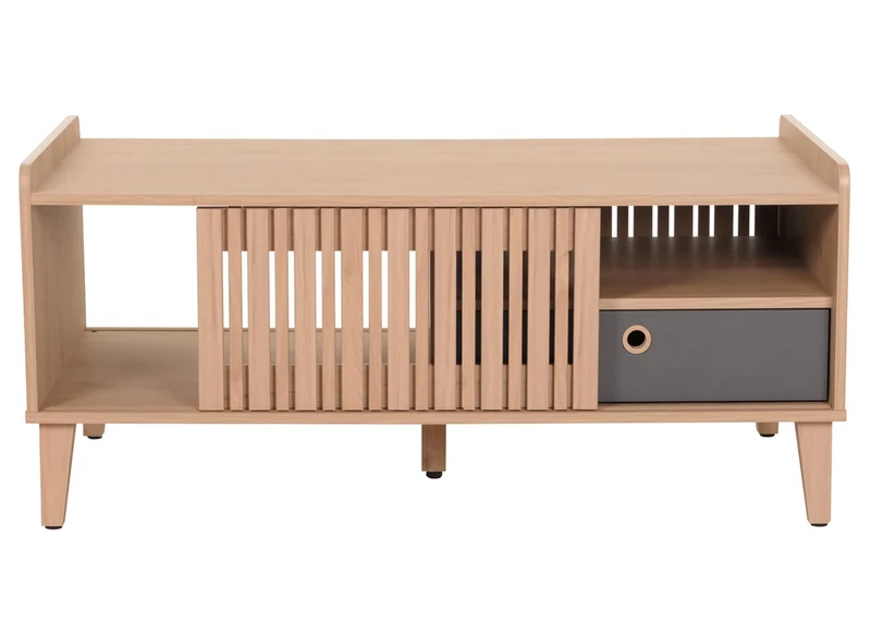 Table basse avec 2 compartiments de rangement et 1 tiroir en bois de manguier 52 x 114 x 59 cm beige tiroir gris 04_0008455