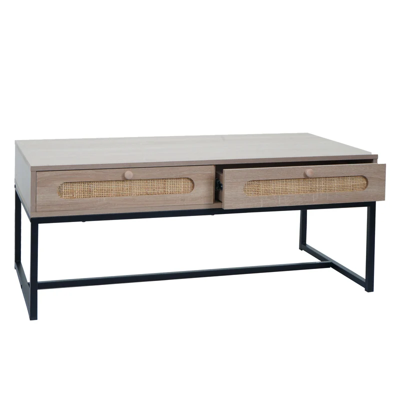 Table basse table d'appoint avec deux tiroirs kubu rotin bois mélamine aspect chêne 04_0008450