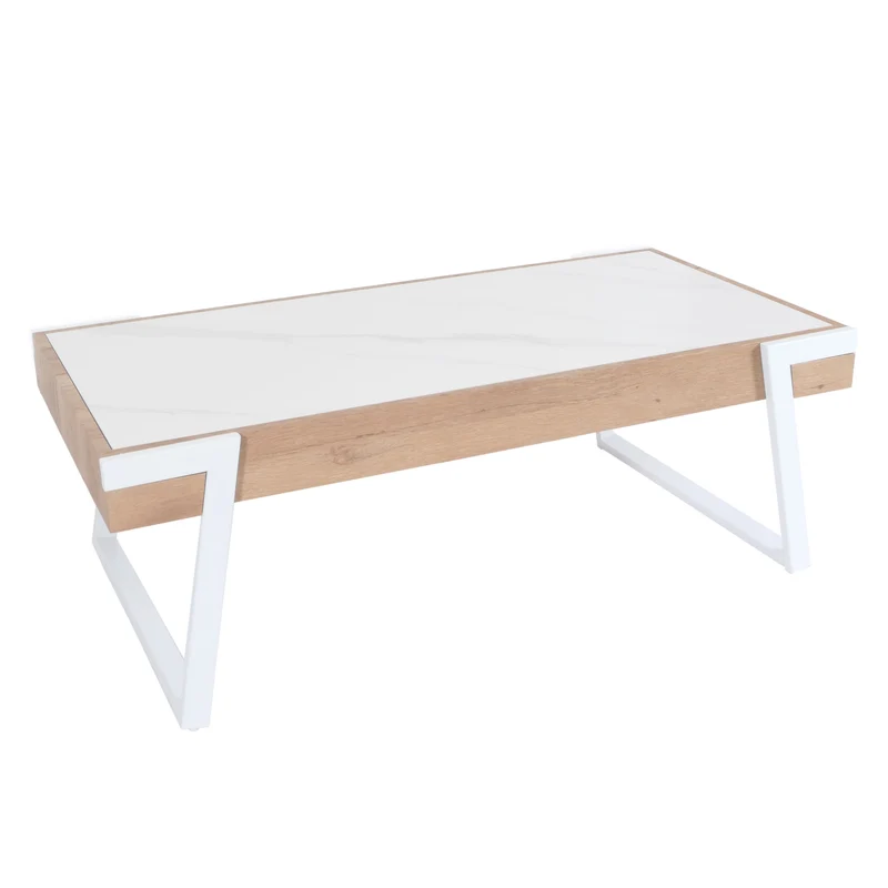 Table basse table de salon 43x120x64 cm pierre frittée aspect marbre blanc bois naturel 04_0008446