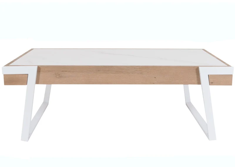 Table basse table de salon 43x120x64 cm pierre frittée aspect marbre blanc bois naturel 04_0008446