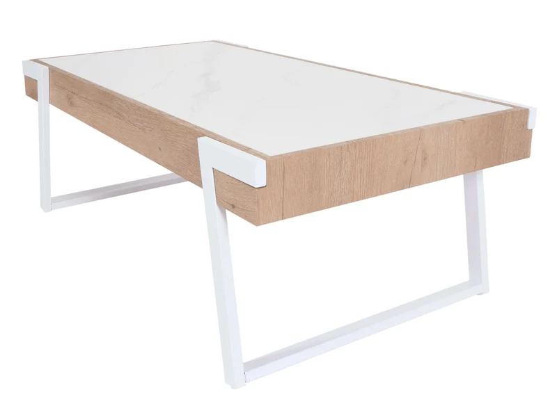 Table basse table de salon 43x120x64 cm pierre frittée aspect marbre blanc bois naturel 04_0008446