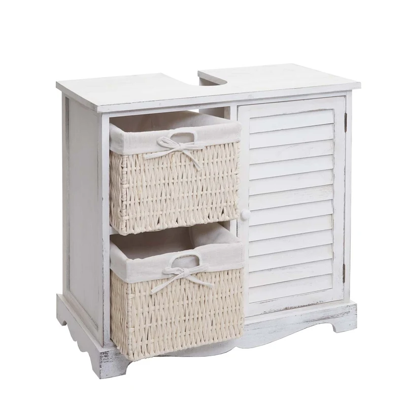 Meuble sous lavabo sous-vasque avec tiroirs panier en bois blanc vieilli 60x65x31 cm 04_0007844